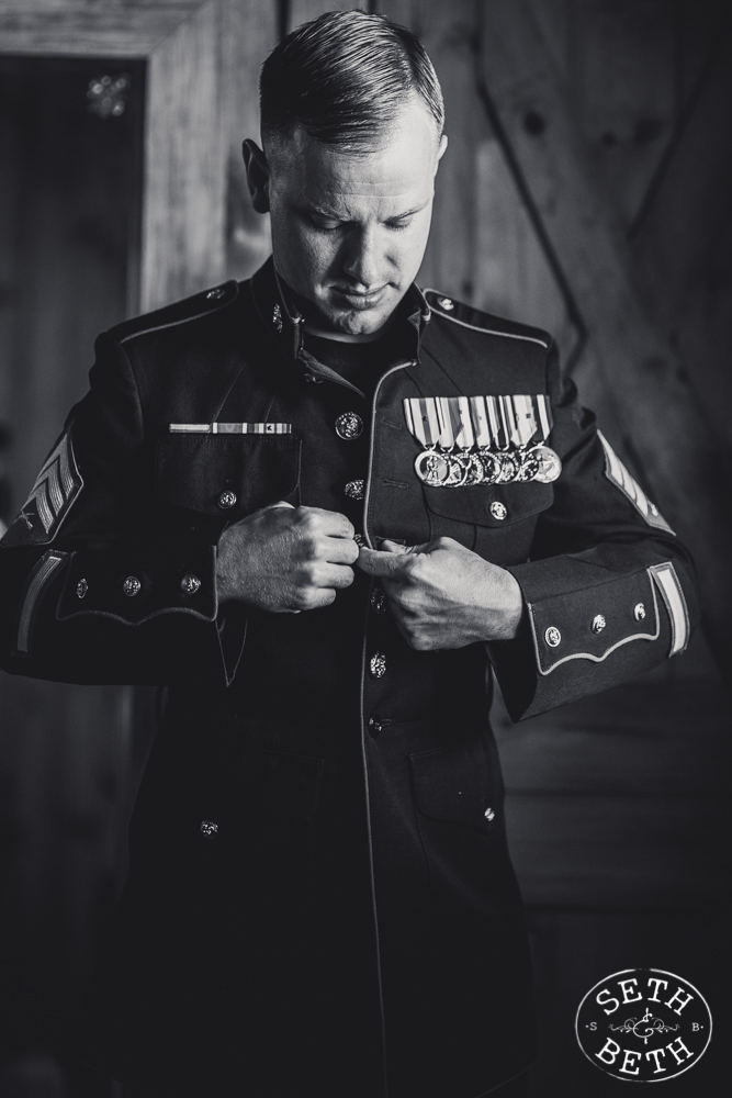 A Marine Groom getting ready at his  Irongate Equestrian Center Wedding