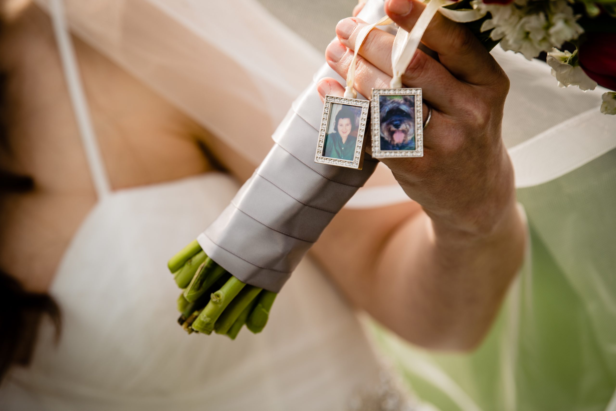 Pictures of lulu the family dog and grandma attached to a bouquet of a bide.