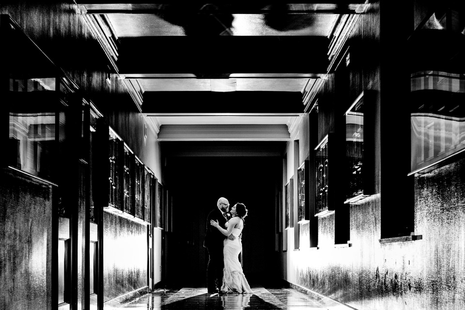 inspiring black and white portrait of a bride and groom at st charles highschool in columbus ohio