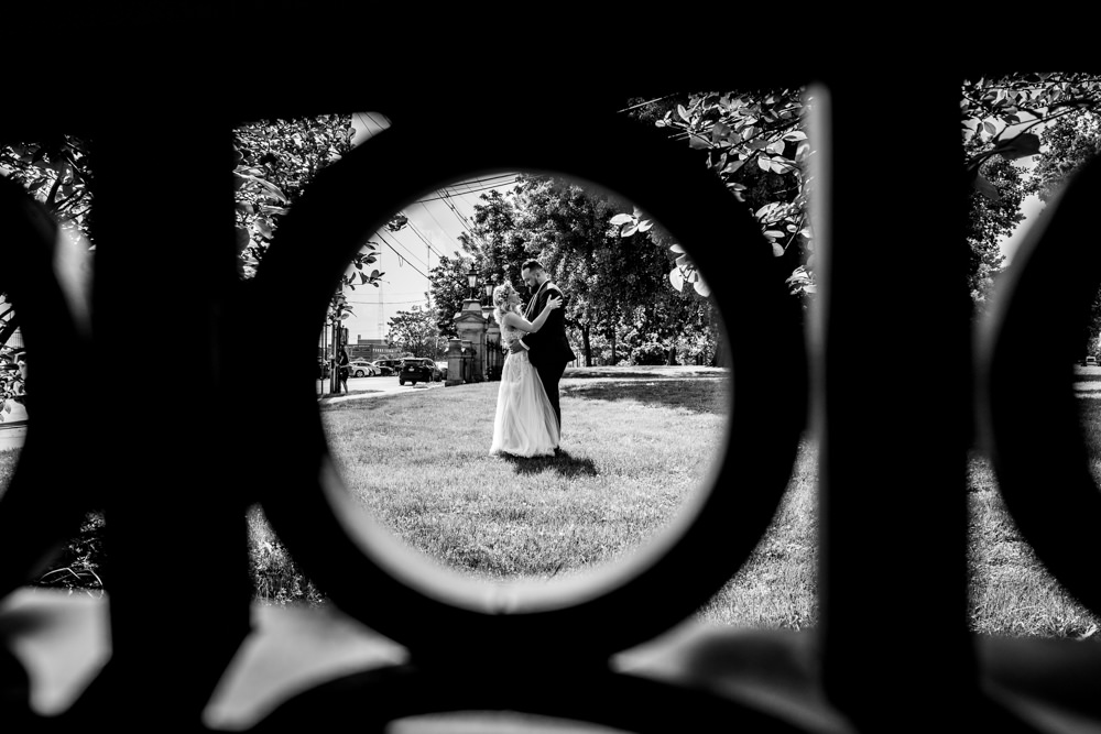 Black and White portrait taken downtown columbus ohio by seth and Beth wedding photography