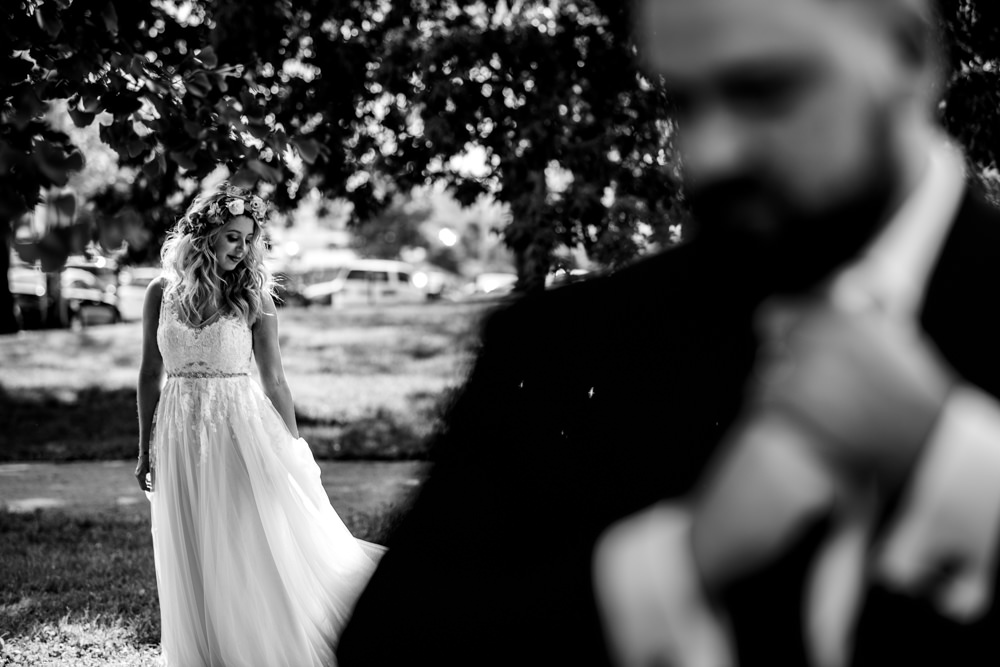 Black and White portrait taken downtown columbus ohio by seth and Beth wedding photography