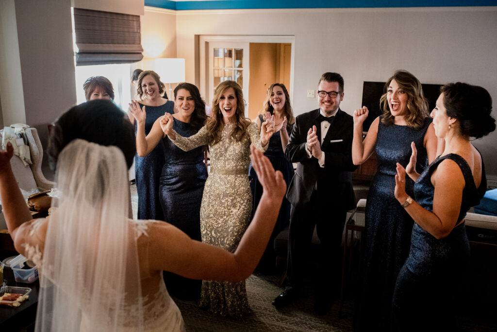 happy crowd getting ready for Columbus Ohio Westin Wedding