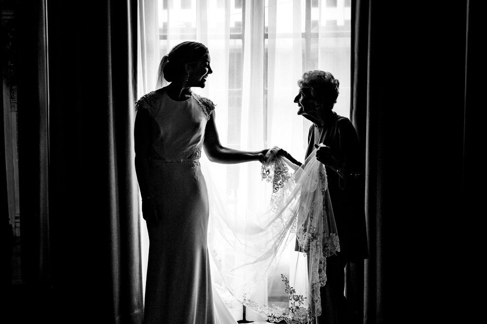 black and white portrait taken in downtown columbus by seth and Beth wedding photography