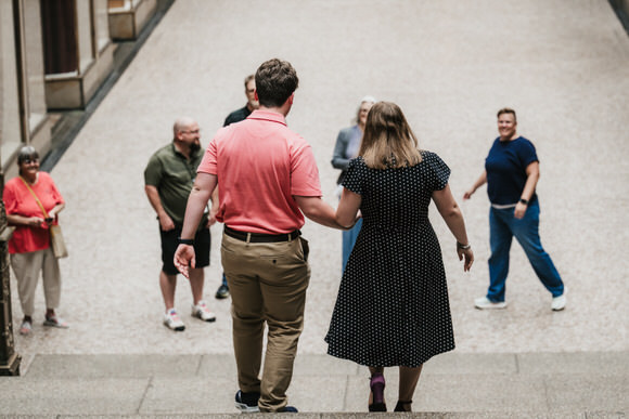 Newly engaged couple at The Arcade Cleveland